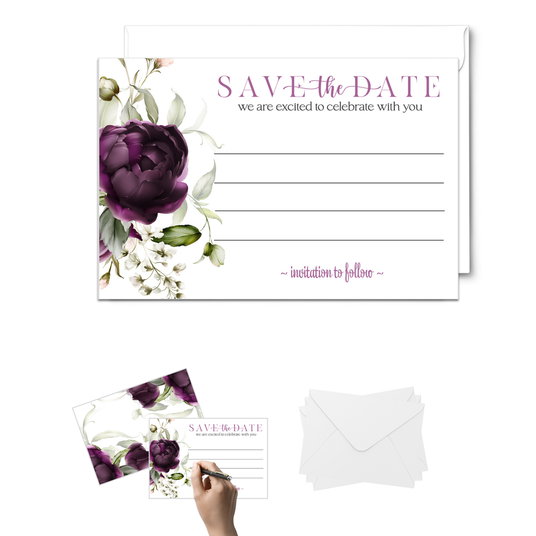 Modern Purple Floral Save the Date Cards (25 Pack) - Sophisticated Invitations with Envelopes - 3.5x5 - Paper Clever Party