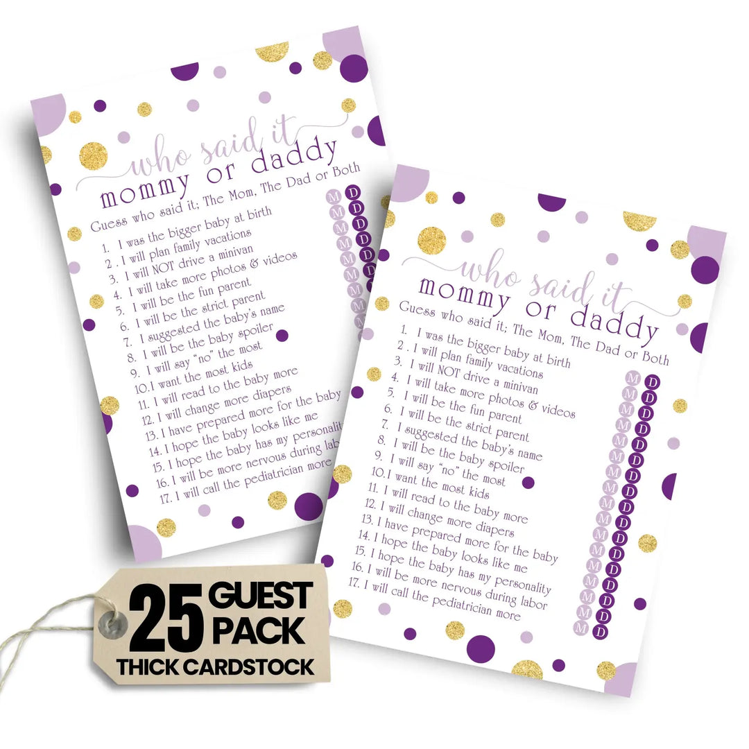 Purple and gold baby shower game mommy or daddy - 25 pack guess who activity cards royal princess star themed gender