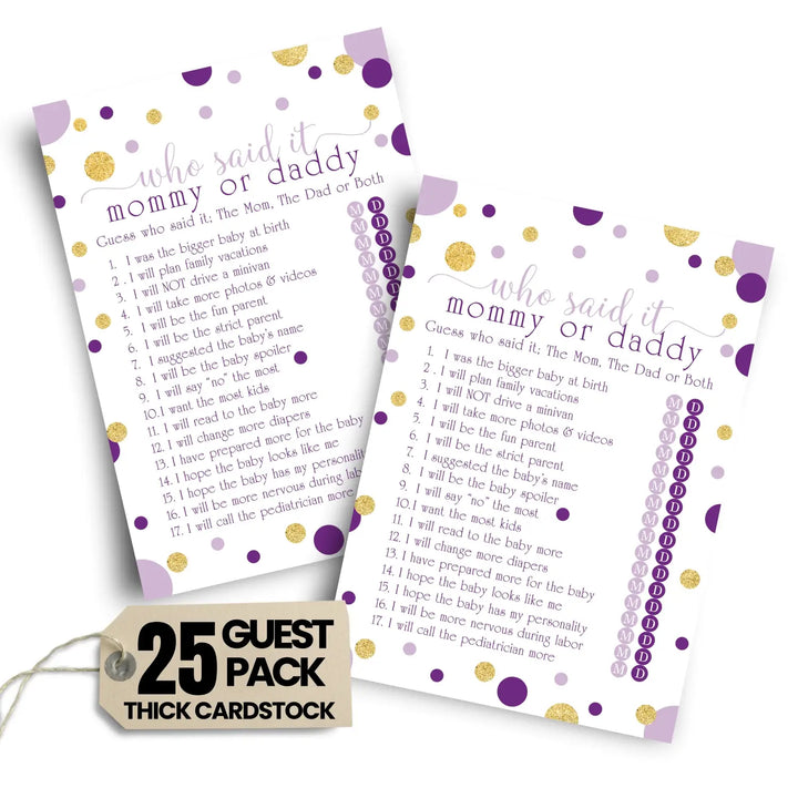 Purple and gold baby shower game mommy or daddy - 25 pack guess who activity cards royal princess star themed gender