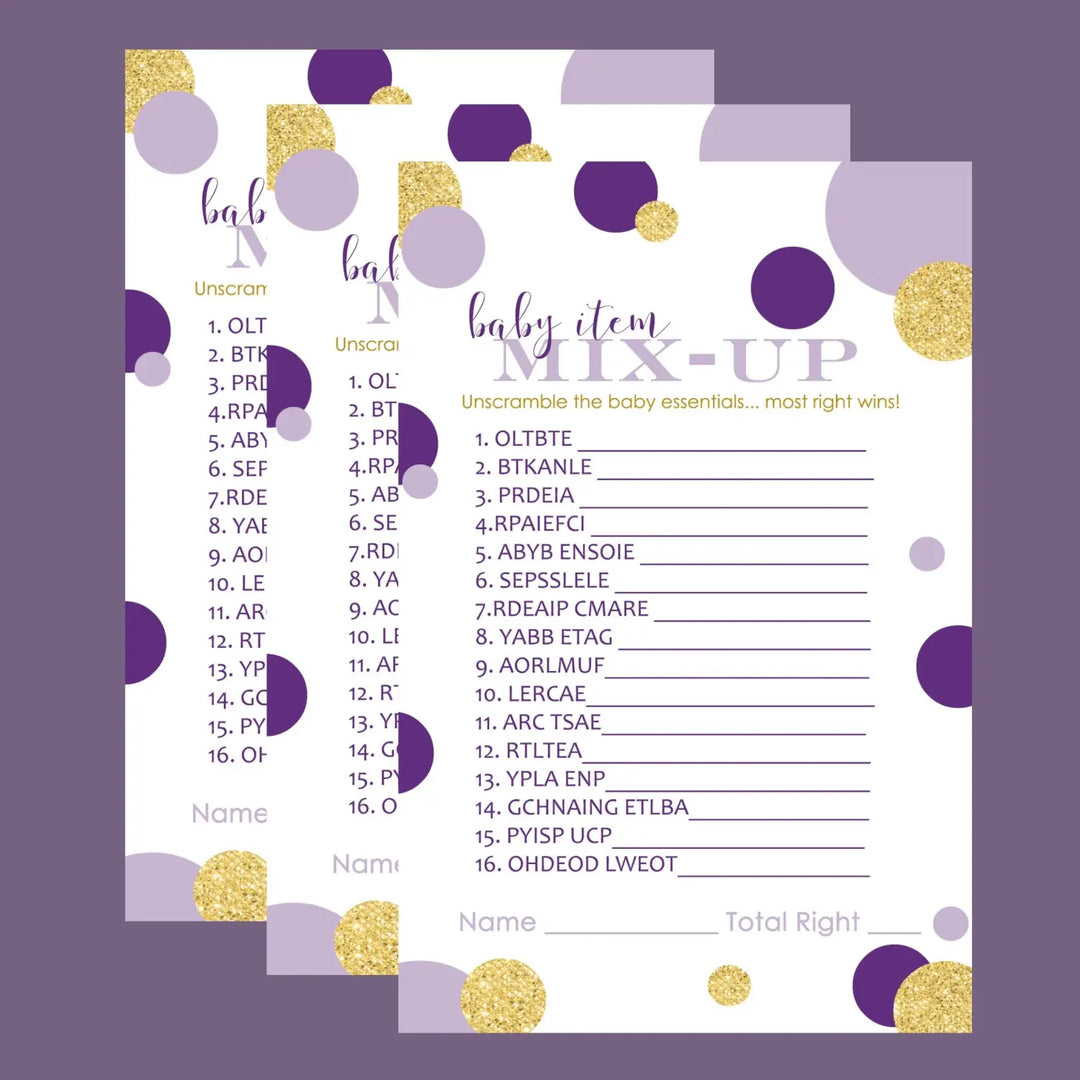 Purple and Gold Baby Shower Games for Girls - Word Scramble Gender Reveal Activities, Prince or Princess Themes, 25 Cards