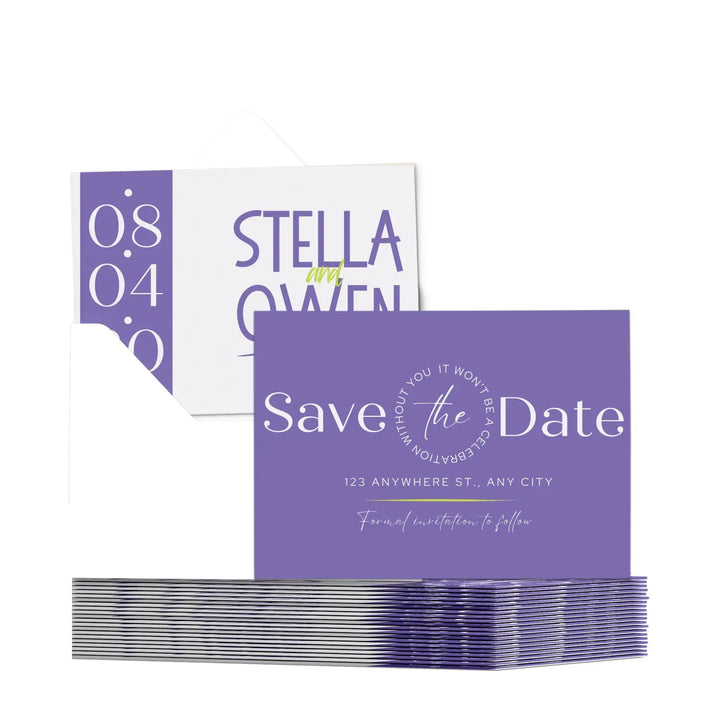Custom Purple and Gray Save the Date Cards - Personalized 4x6 Inch Invitations with Elegant Typography and White Envelopes - Perfect for Weddings, Birthdays, and Showers