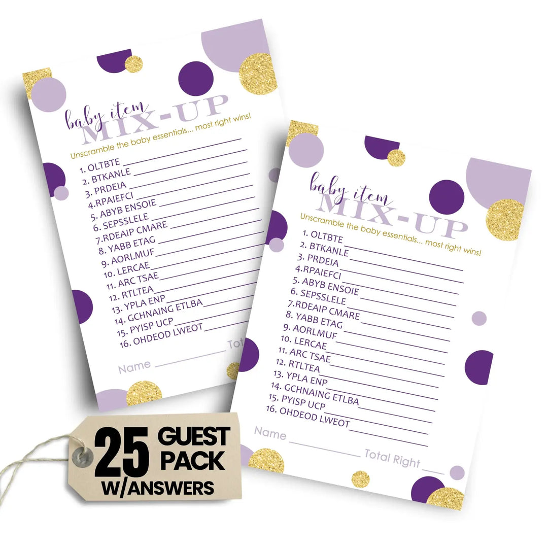 Purple and Gold Baby Shower Games for Girls - Word Scramble Gender Reveal Activities, Prince or Princess Themes, 25 Cards