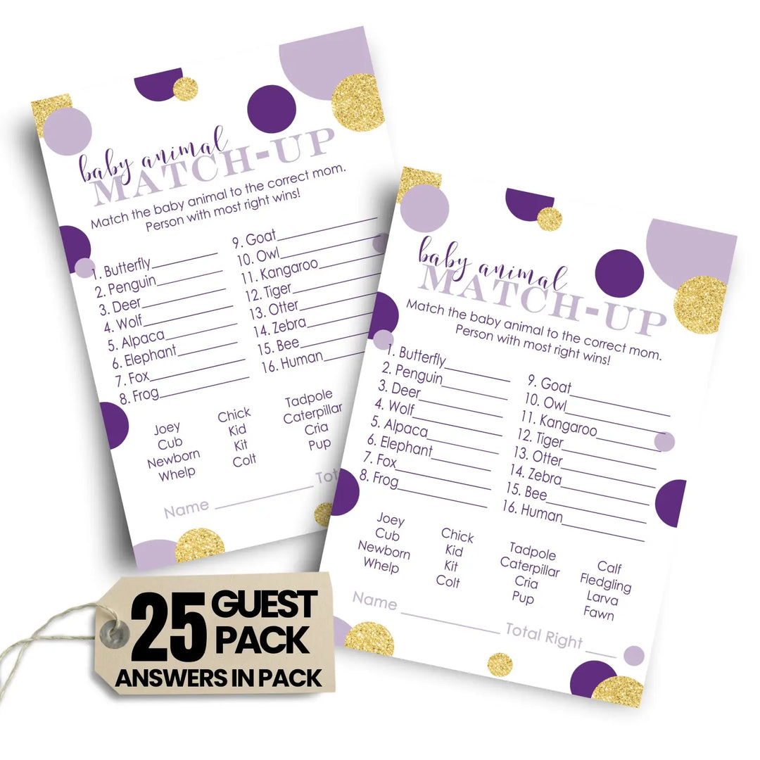 Purple and Gold Baby Shower Game Animal Matching (25 Pack)