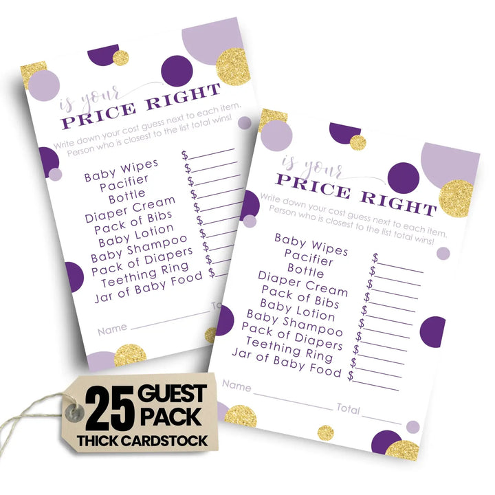 Purple and Gold Guess the Price Baby Shower Games – 25 Guests, Modern Mermaid Themed Activities for Girls, Prince or Princess 4x6 Card Set