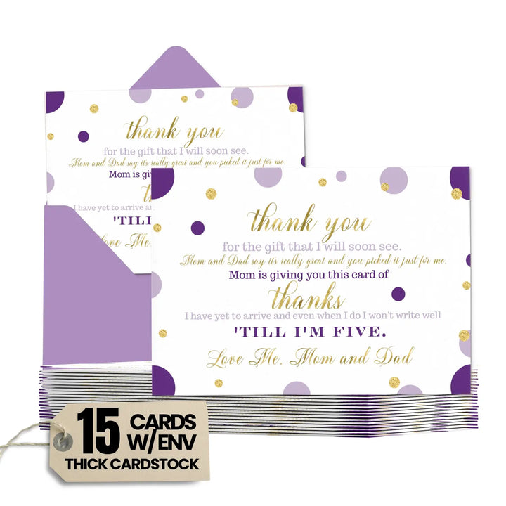 Purple and Gold Girls Baby Shower Thank You Cards - 15 Pack Elegant Notecards, 4x6