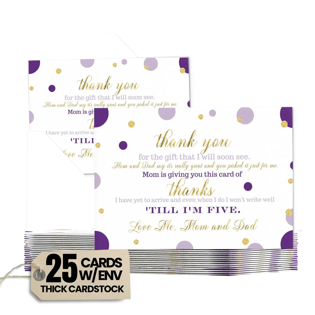 Purple and Gold Thank You Cards for Girls Baby Shower – Notecards with Envelopes (Pack of 25)