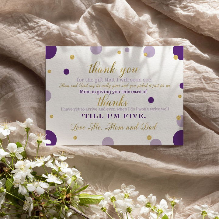 Purple and Gold Thank You Cards for Girls Baby Shower – Notecards with Envelopes (Pack of 25) - Paper Clever Party