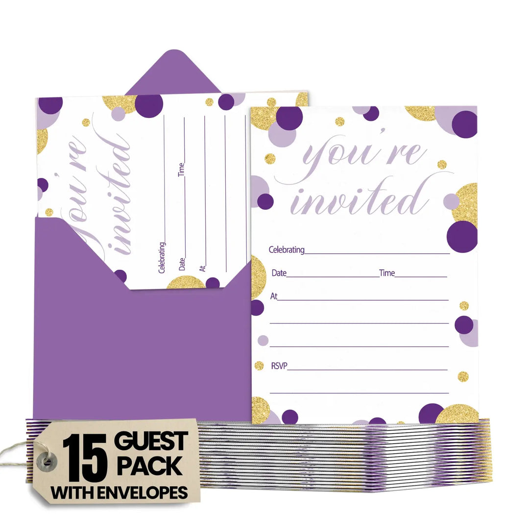 Purple and Gold Invitations with Envelopes (15 Pack)