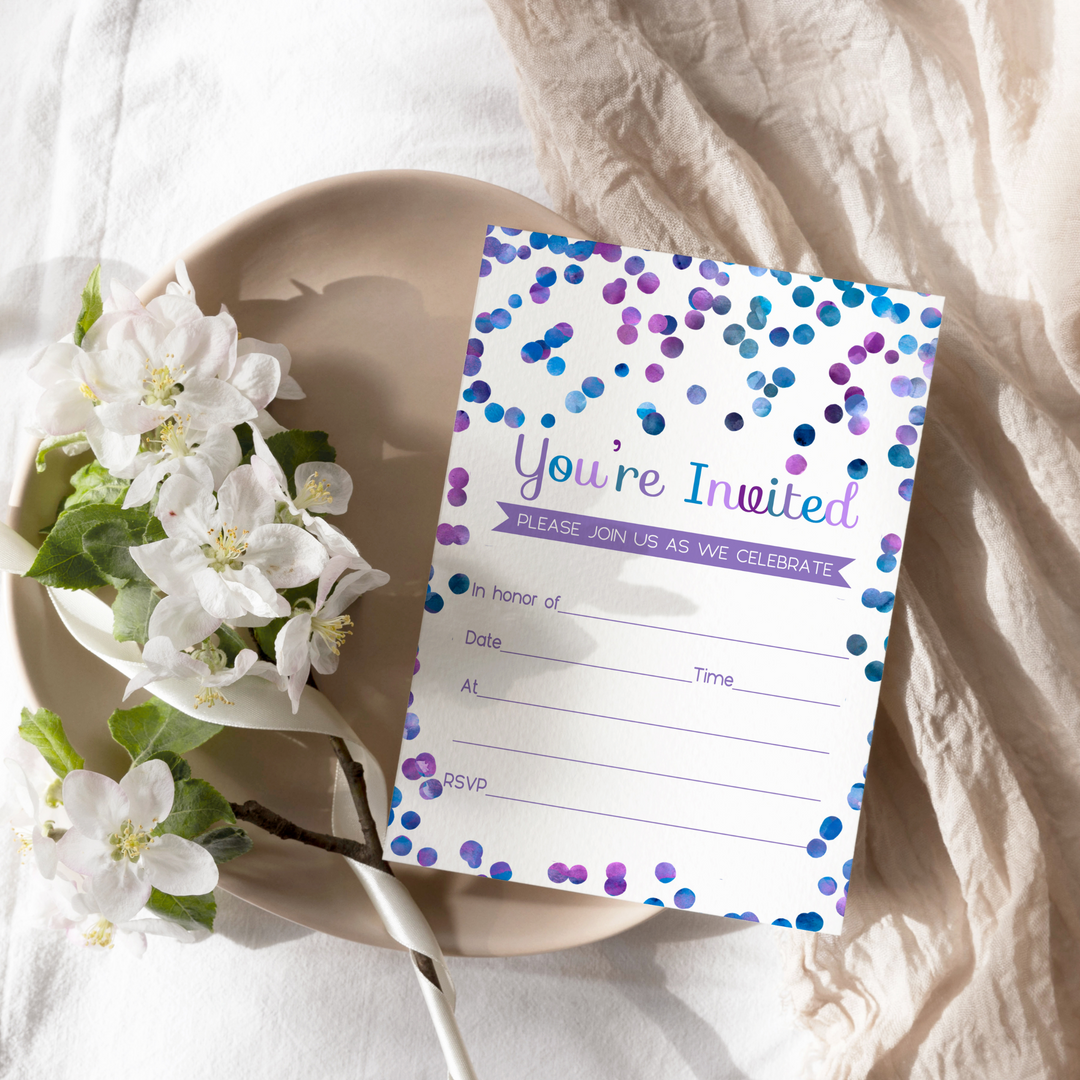 Purple Confetti Invitations with Envelopes (15 Pack) - Paper Clever Party