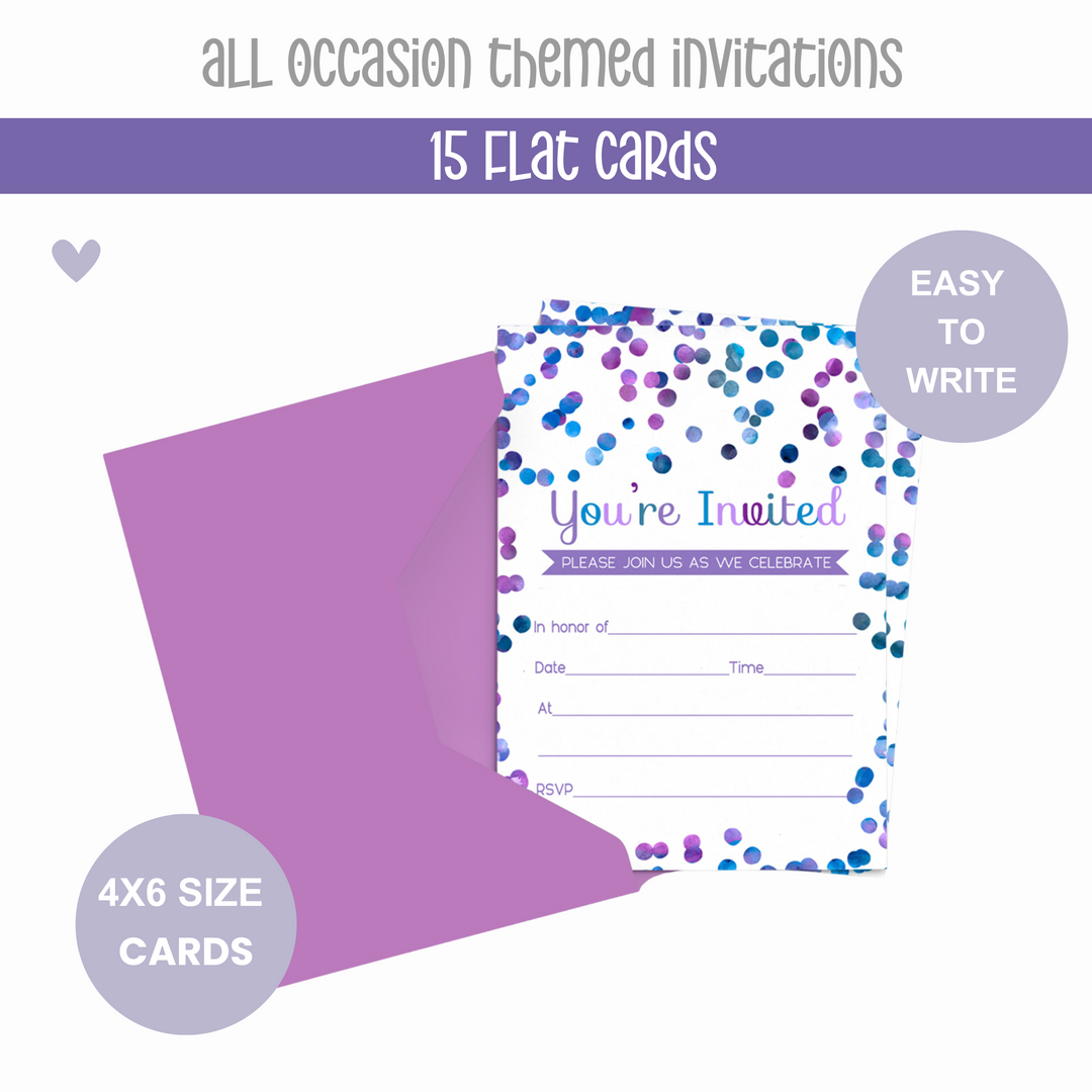 Purple Confetti Invitations with Envelopes (15 Pack) - Paper Clever Party