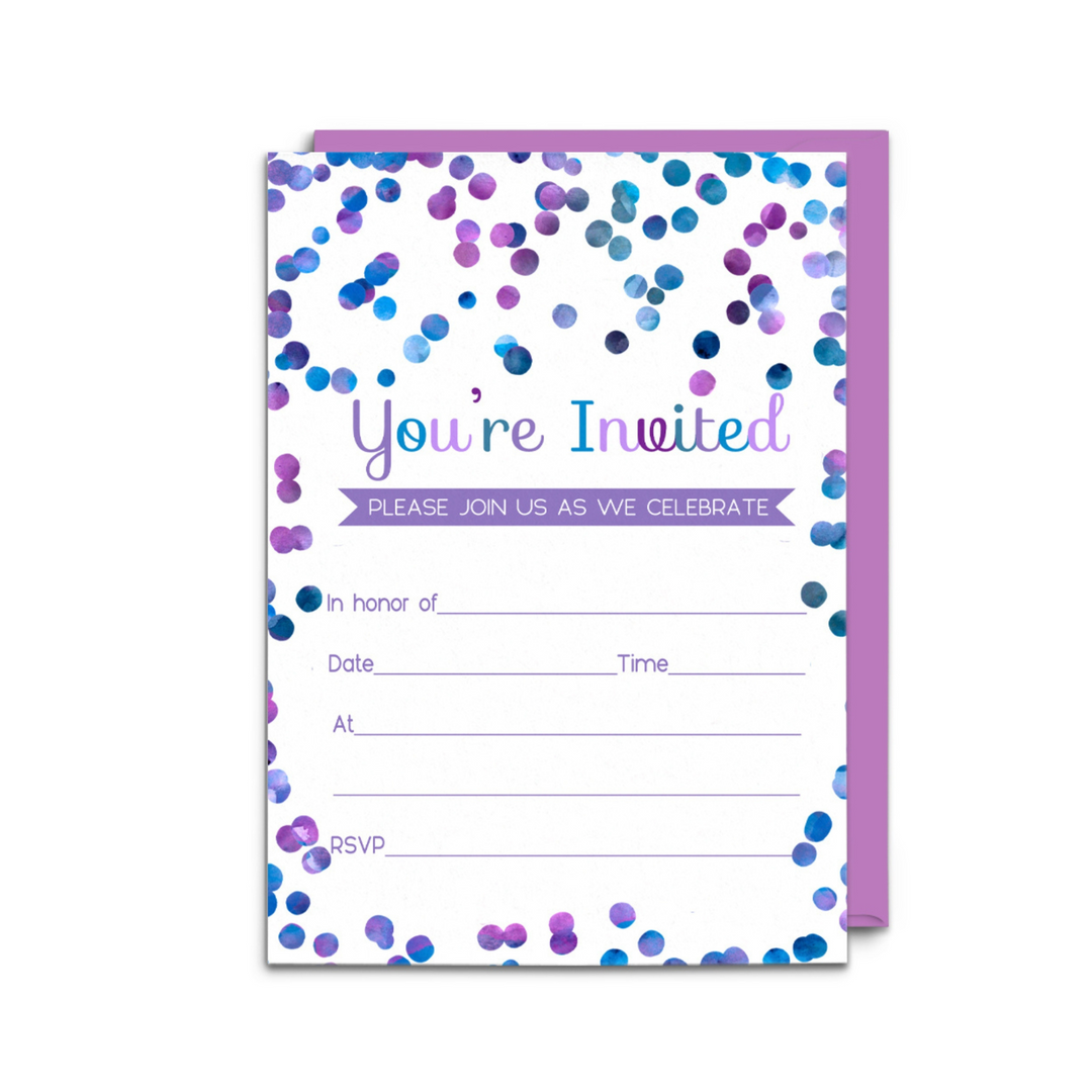 Purple Confetti Invitations with Envelopes (15 Pack) - Paper Clever Party