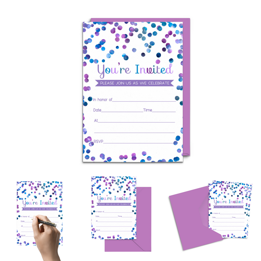 Purple Confetti Invitations with Envelopes (15 Pack) - Paper Clever Party