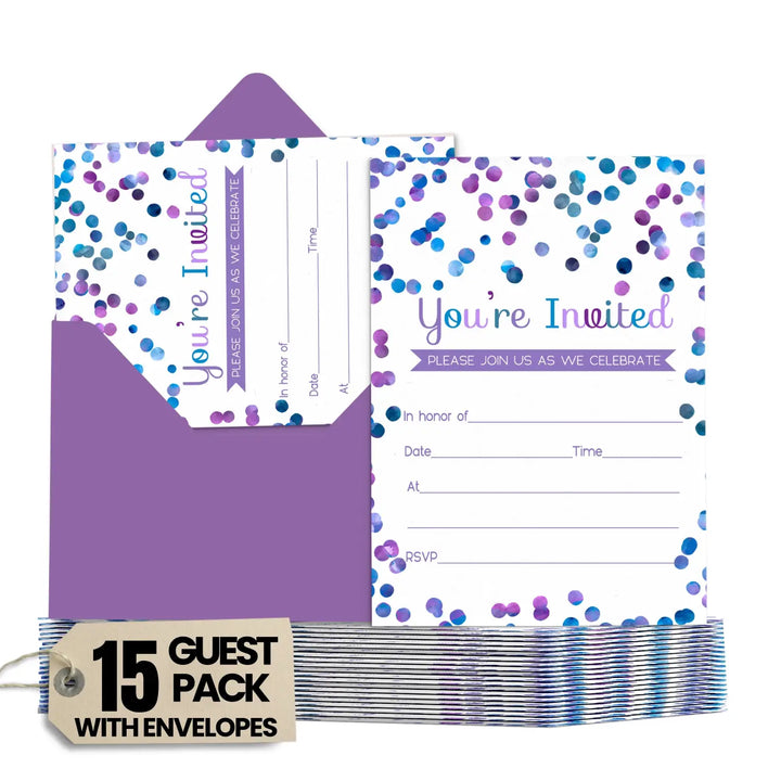 Purple Confetti Invitations with Envelopes (15 Pack)