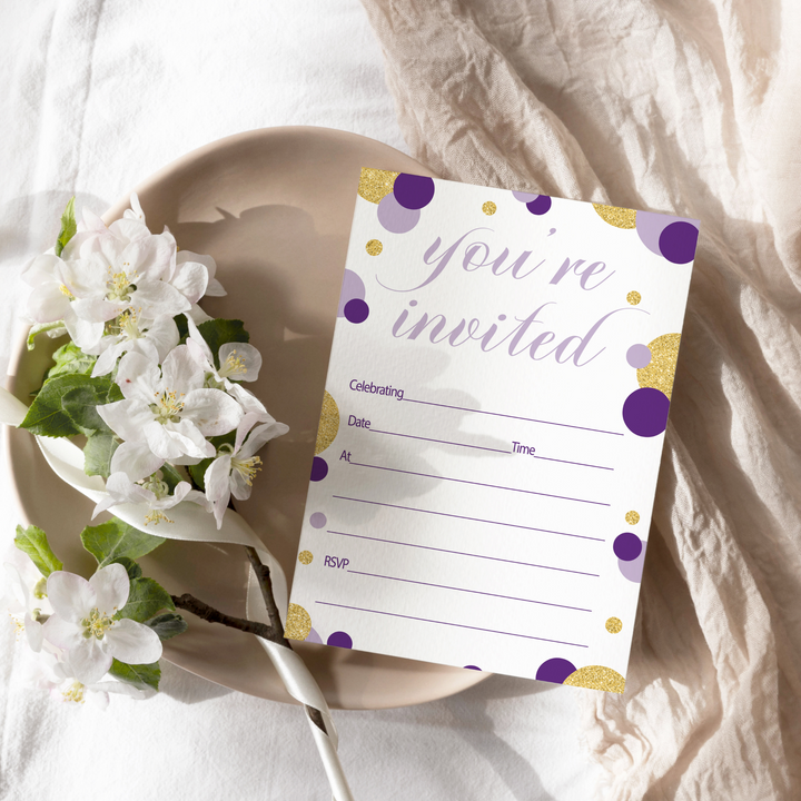 Purple and Gold Invitations with Envelopes (15 Pack) - Paper Clever Party