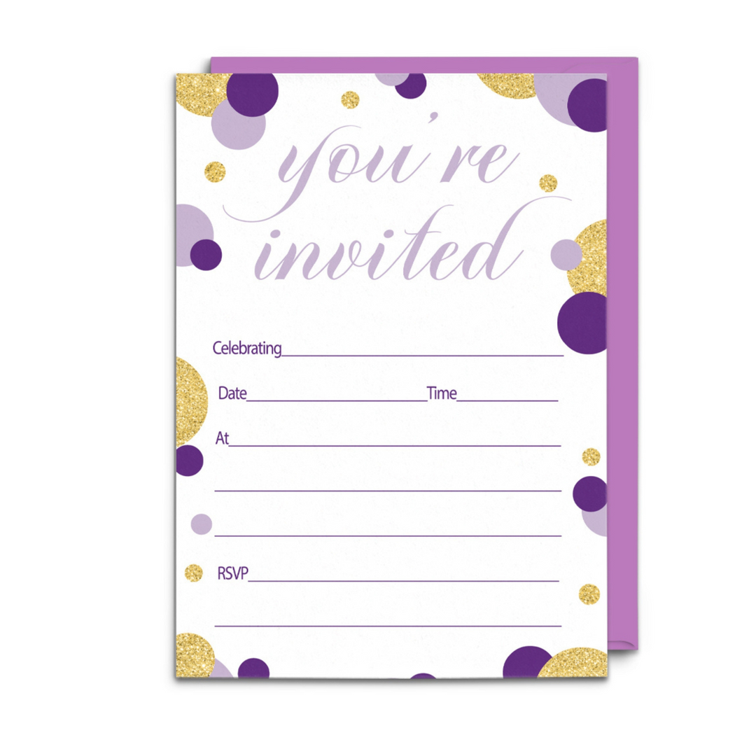 Purple and Gold Invitations with Envelopes (15 Pack) - Paper Clever Party