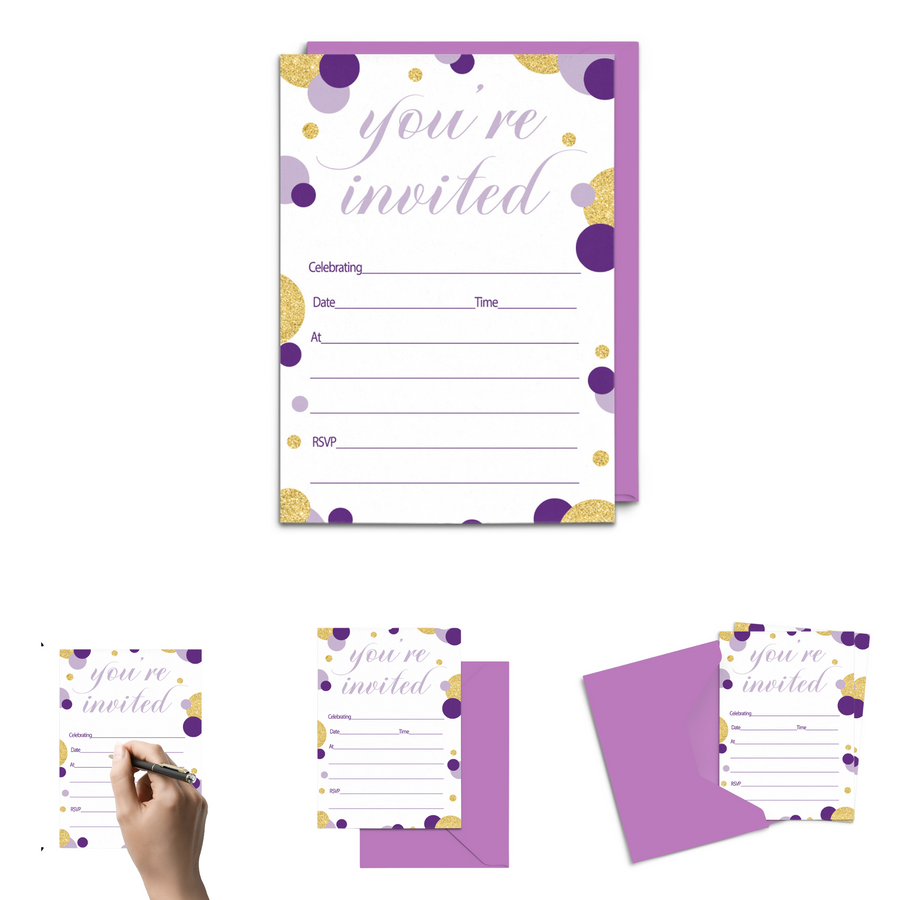 Purple and Gold Invitations with Envelopes (15 Pack) - Paper Clever Party