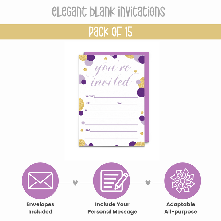 Purple and Gold Invitations with Envelopes (15 Pack) - Paper Clever Party