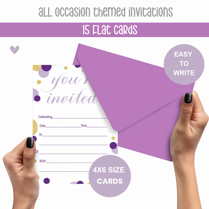 Purple and Gold Invitations with Envelopes (15 Pack) - Paper Clever Party