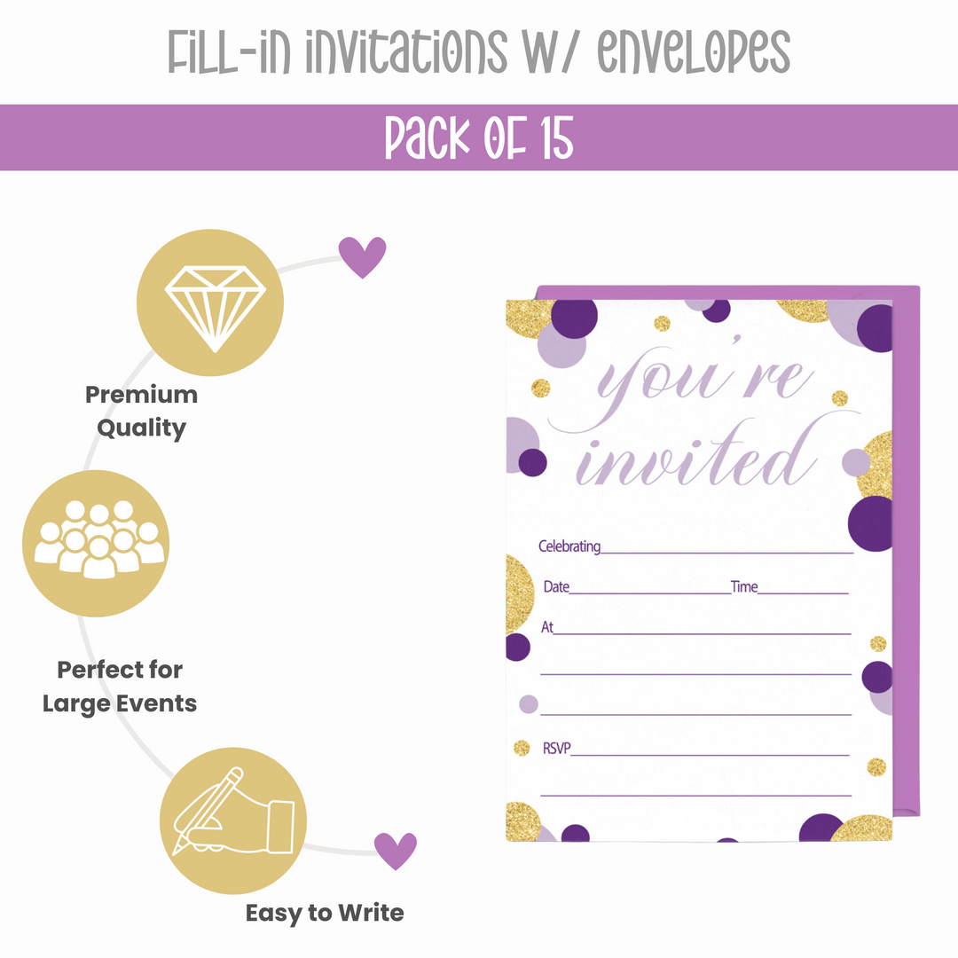 Purple and Gold Invitations with Envelopes (15 Pack) - Paper Clever Party