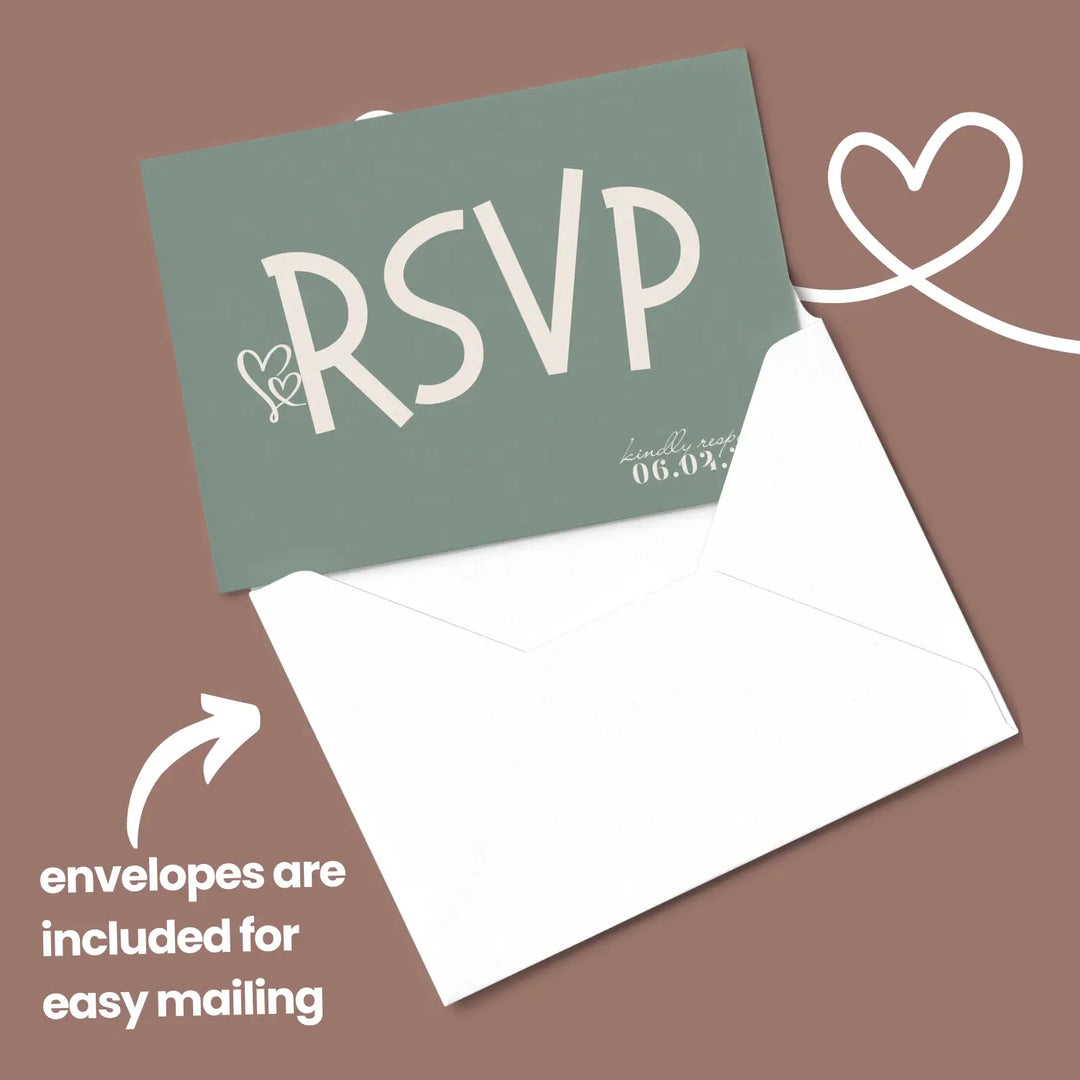 Custom Chocolate Cherry and Sage Green RSVP Cards - Premium 120lb Cardstock, Elegant Calligraphy, 4x6 Inch Size, Personalized Dates & Names