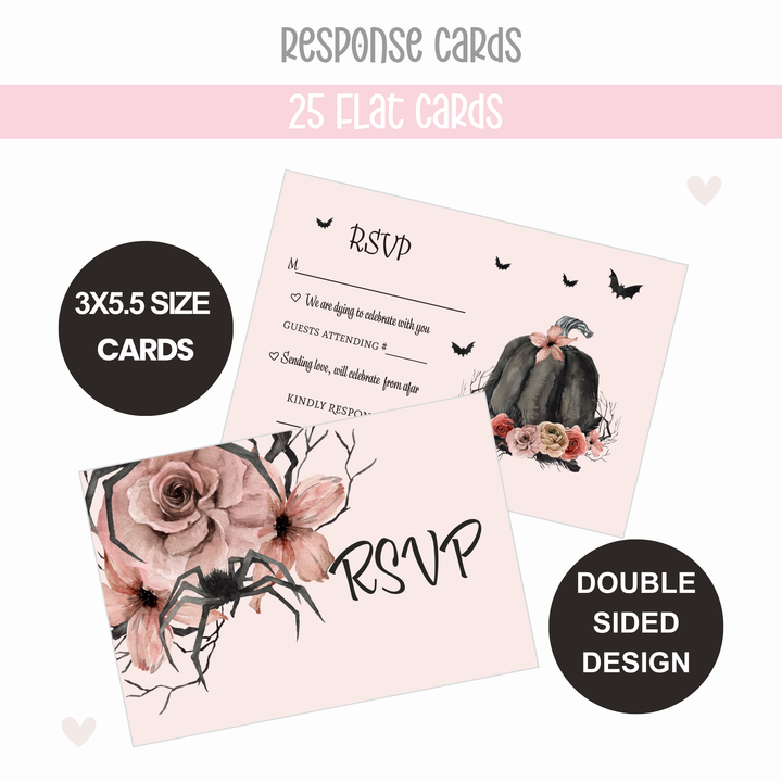 Halloween RSVP Cards - Spooky Chic Gothic Pink & Black Pumpkin Design with Spiders and Floral - Set of 25 - Paper Clever Party