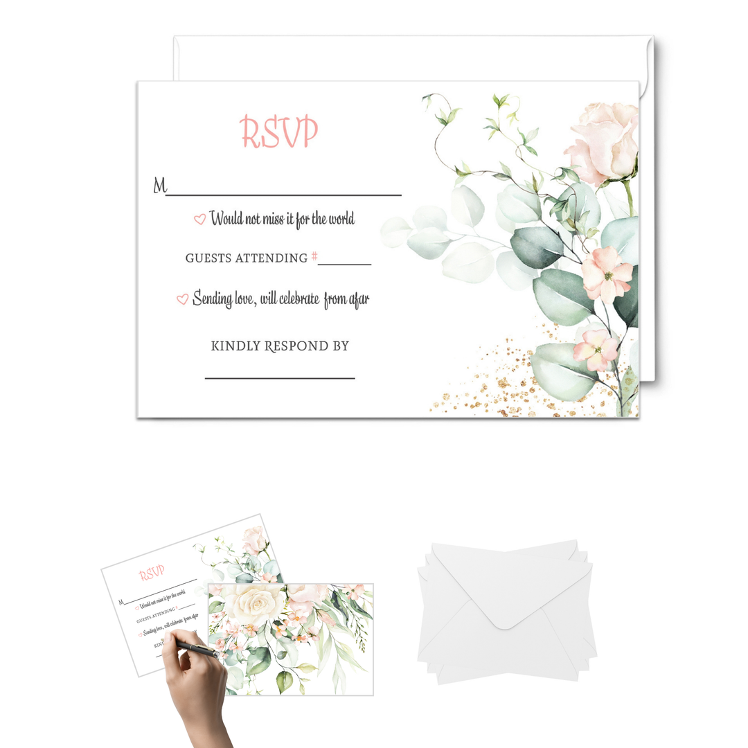 Blush Greenery Pink Floral RSVP Cards - Wedding Response Set, 3.5x5, Envelopes Included, 25 Pack - Paper Clever Party