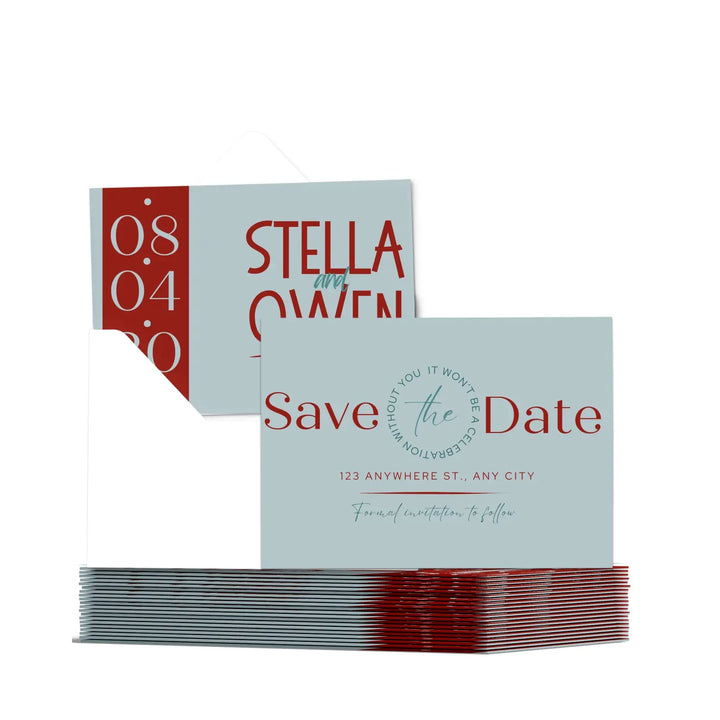 Custom Red and Blue Save the Date Cards - Personalized 4x6 Inch Invitations with Elegant Typography and White Envelopes - Perfect for Weddings, Birthdays, and Showers