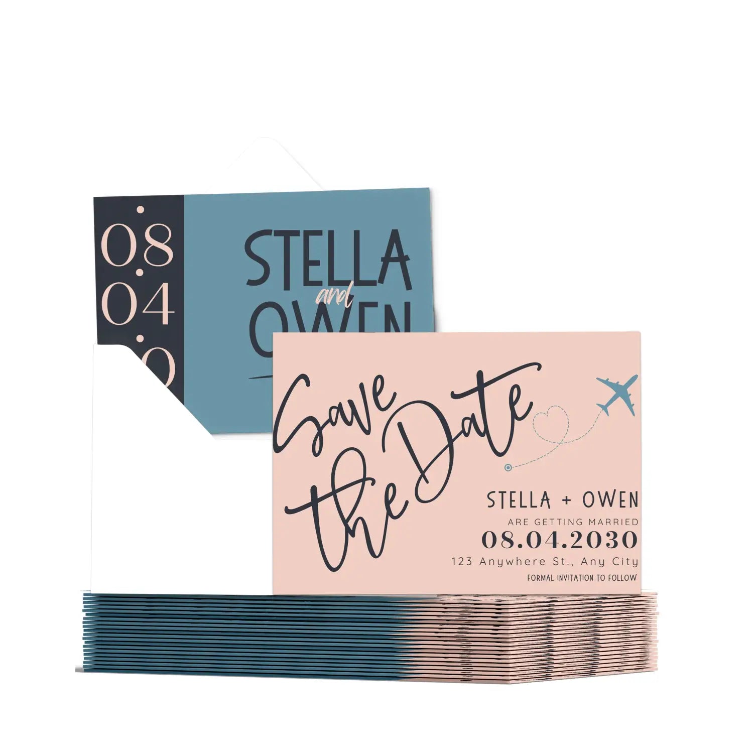 Custom teal peach and slate grey save the date cards - personalized 4x6 inch invitations with elegant typography white