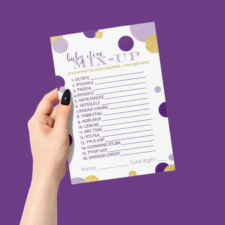 Purple and Gold Baby Shower Games for Girls - Word Scramble Gender Reveal Activities, Prince or Princess Themes, 25 Cards