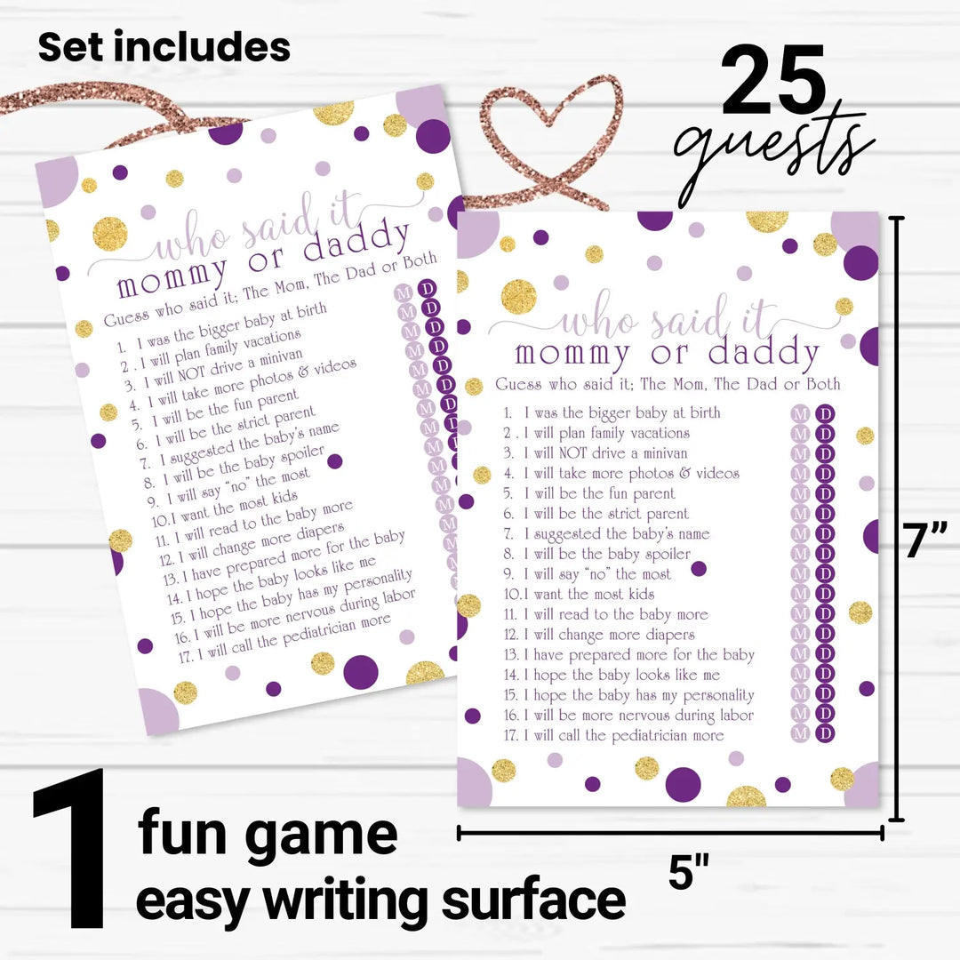 Purple and gold baby shower game mommy or daddy - 25 pack guess who activity cards royal princess star themed gender