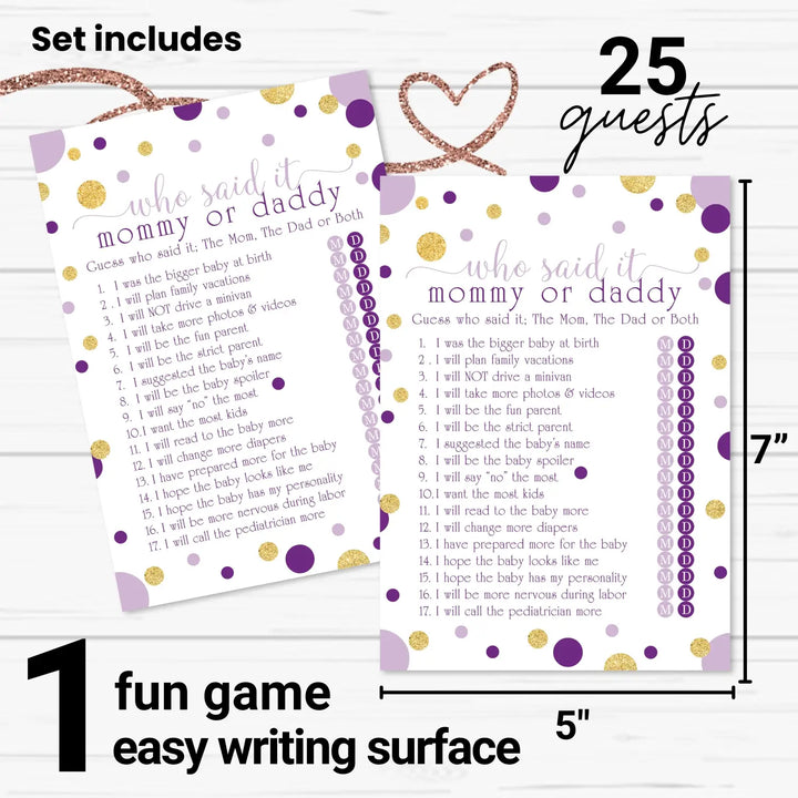 Purple and gold baby shower game mommy or daddy - 25 pack guess who activity cards royal princess star themed gender
