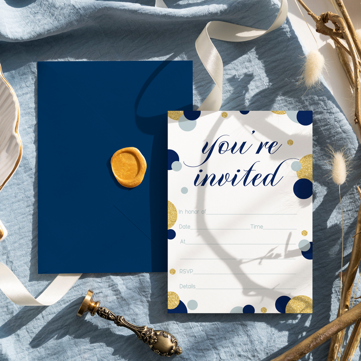 Royal Theme Navy and Gold Invitations - Blank 4x6 Cards (15 Pack) - Paper Clever Party