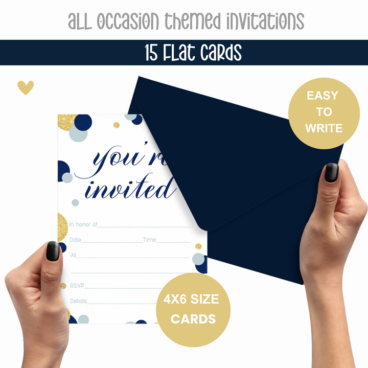 Royal Theme Navy and Gold Invitations - Blank 4x6 Cards (15 Pack) - Paper Clever Party