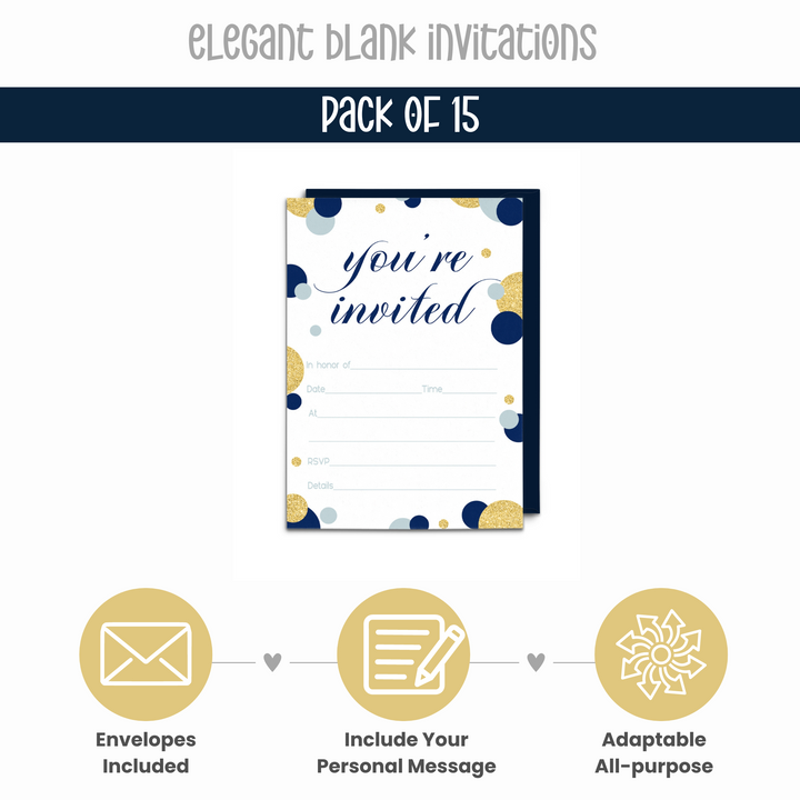 Royal Theme Navy and Gold Invitations - Blank 4x6 Cards (15 Pack) - Paper Clever Party