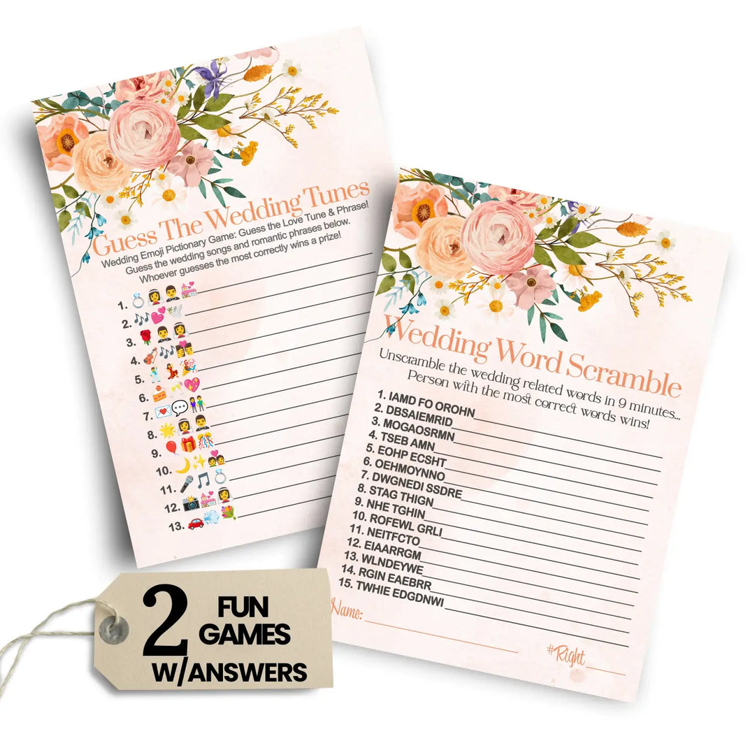 Boho Bridal Shower Games (25 Each) Wedding Song Pictionary and Word Scramble Fun Guess Activity for Guests Engagement Party, Rehearsal Dinner, Rustic Floral Design Double-Sided Cards, Bundle