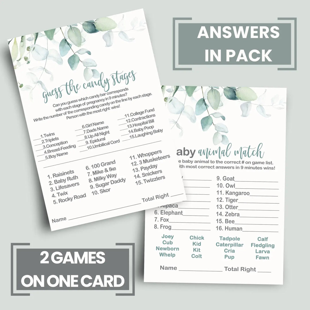 Rustic Eucalyptus Baby Shower Game Bundle, 5x7 Cards (25 ct)