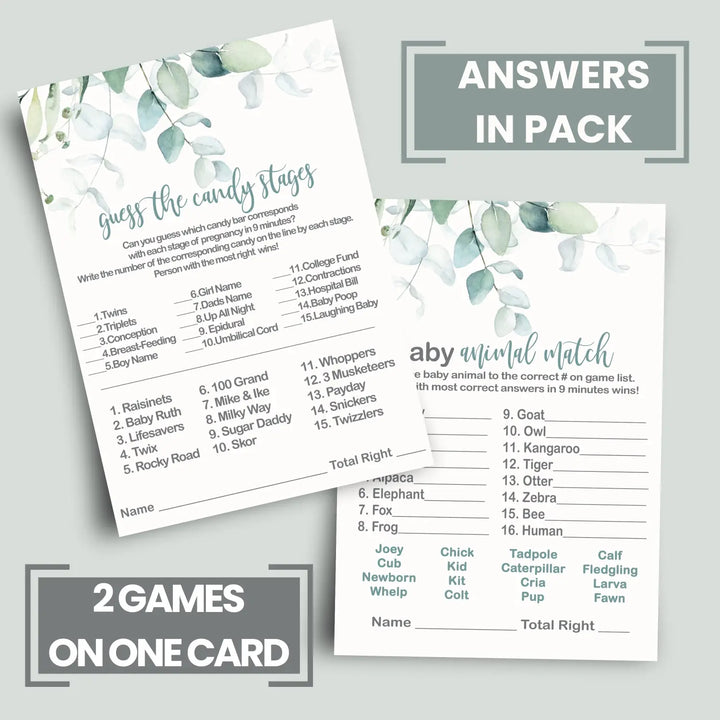 Rustic Eucalyptus Baby Shower Game Bundle, 5x7 Cards (25 ct)