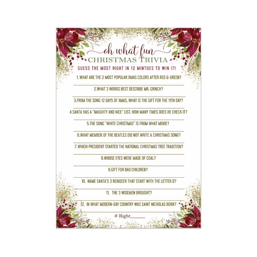 Rustic Floral Christmas Trivia Game Fun Party Activity with Holiday Movie and Song Questions for Adults, Office, Group, Thanksgiving, 25 Pack, 5x7 Cards, Version 2 - Paper Clever Party