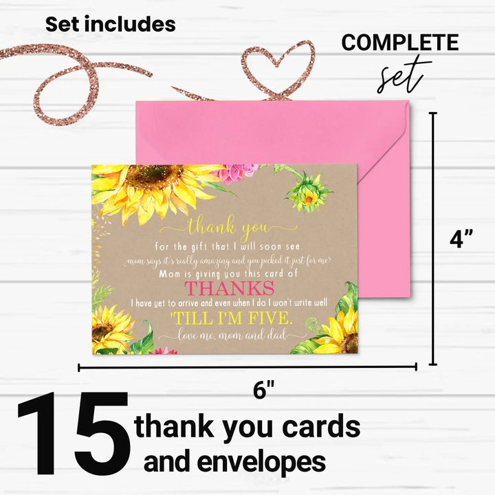 Sunflower Baby Shower Thank You Cards - Rustic Neutral (15 Pack) with Pink Envelopes, 4x6