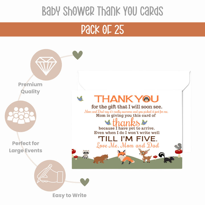 Woodland Thank You Cards for Baby Shower – Gender Neutral Notecards (Pack of 25) - Paper Clever Party