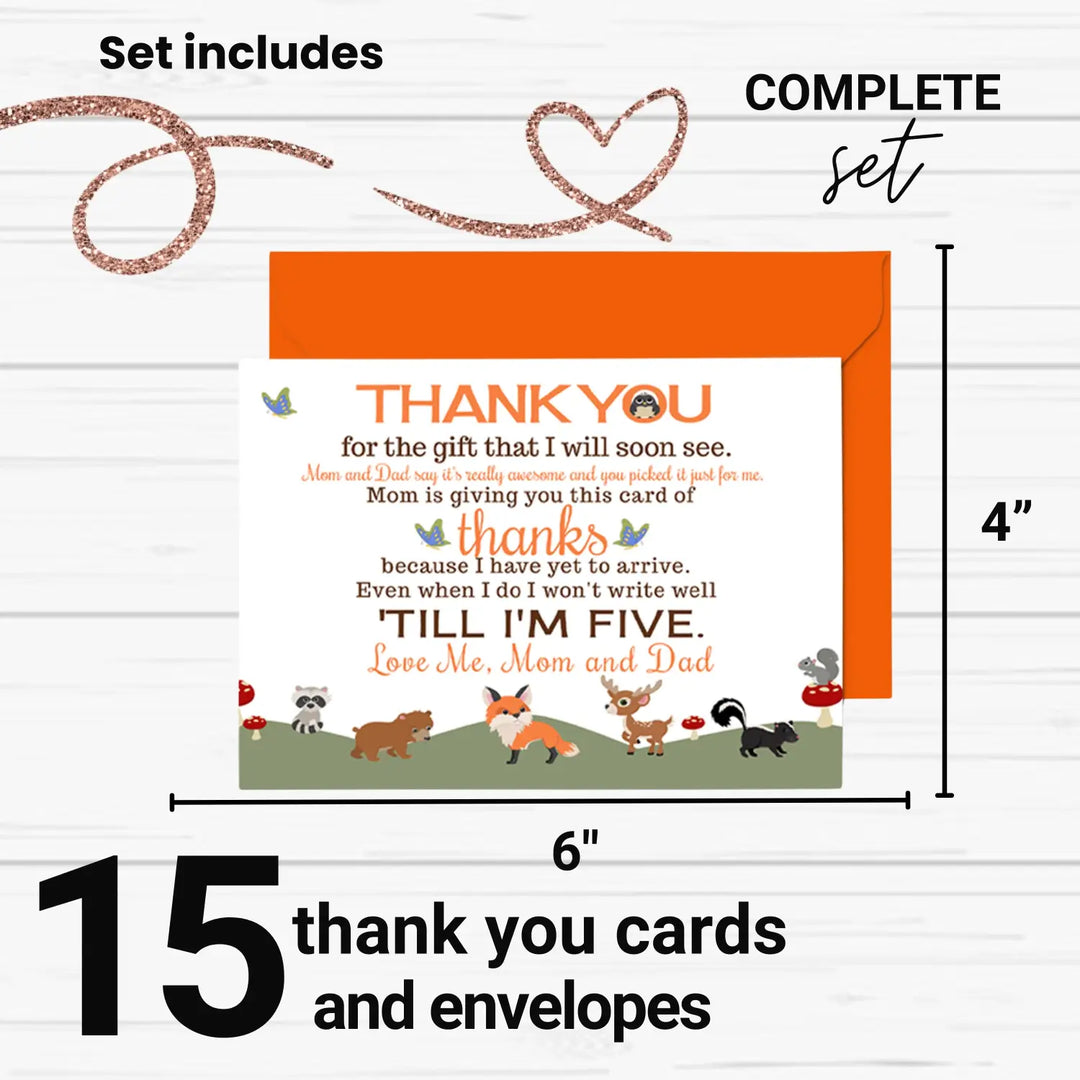 Gender Neutral Woodland Baby Shower Thank You Cards - 15 Pack Notecards with Orange Envelopes, 4x6