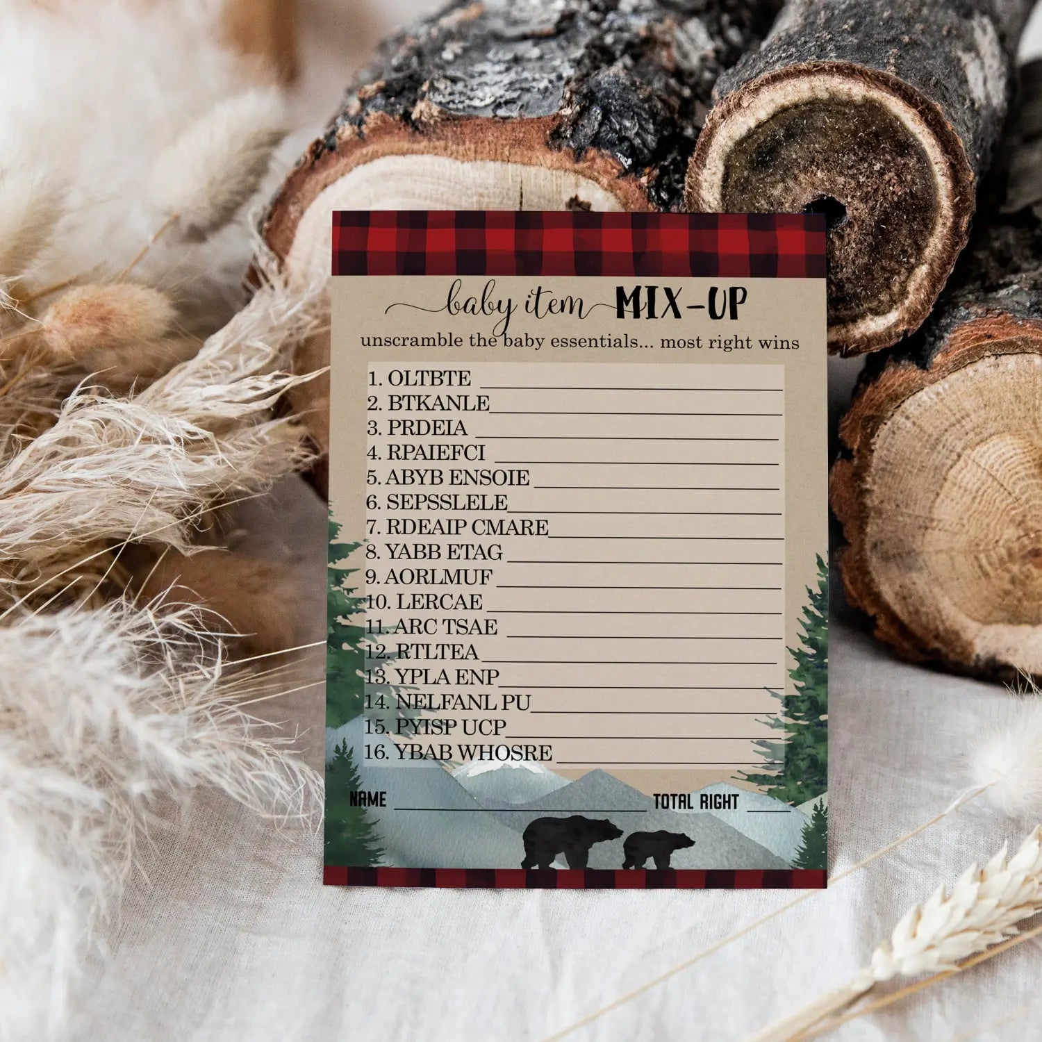 Mama bear baby shower games - 25 word scramble cards woodland gender reveal unscramble activities for guests - party
