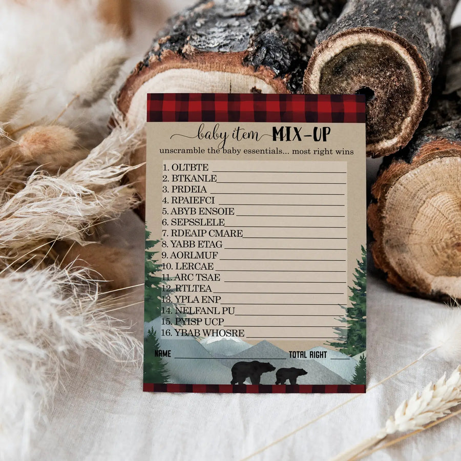 Mama bear baby shower games - 25 word scramble cards woodland gender reveal unscramble activities for guests - party