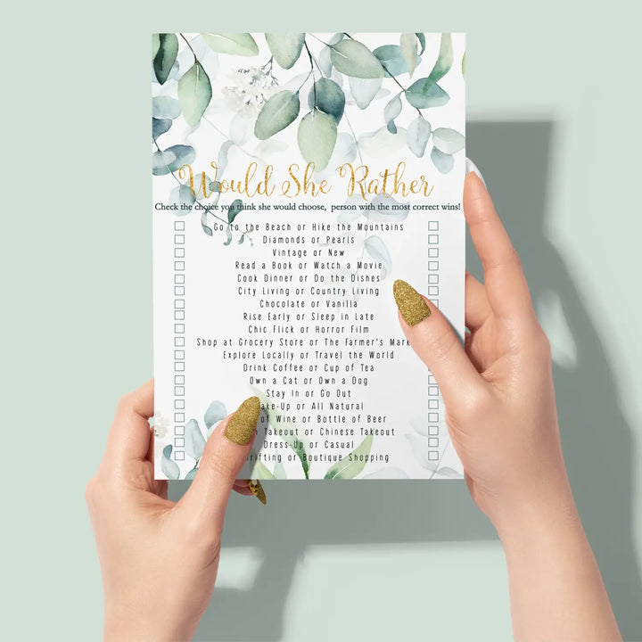 Greenery Bridal Shower Games – 25 Cards - Who Knows Bride Best Bridal Shower Game Would She Rather Wedding Reception or Birthday Girl Activity, Rustic Botanical Designs, 5x7 Pack