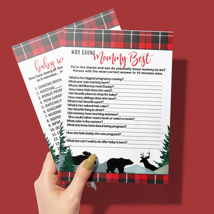 Lumberjack Baby Shower Game Set, Mommy Best and Word Scramble, Rustic Red & Black