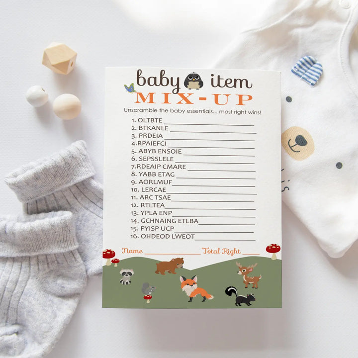 Woodland Baby Shower Word Scramble Game - 25 Pack Unscramble Activity Cards for Gender Reveal - Rustic Forest Animal Theme for Boy Girl - Printed 4 x 6 Size Set