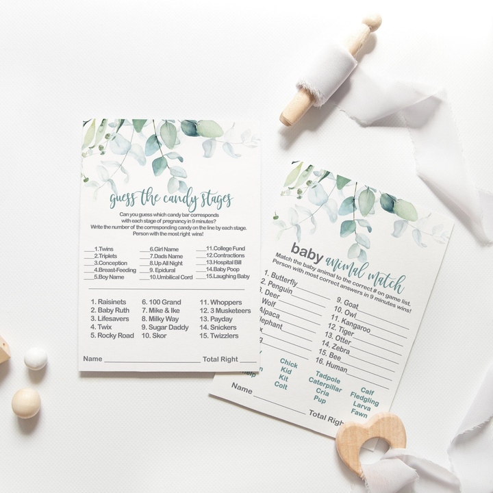 Rustic Eucalyptus Baby Shower Game Bundle, 5x7 Cards (25 ct) - Paper Clever Party