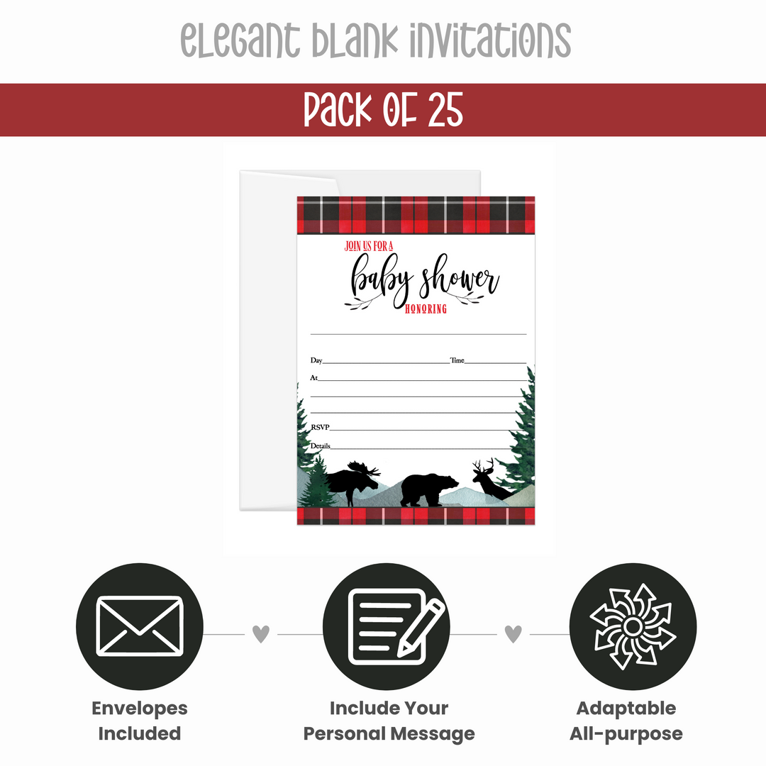 Lumberjack Baby Shower Invitations with Envelopes, 25 Pack, Red and Black, 5x7 Blank Cards for Boys - Paper Clever Party