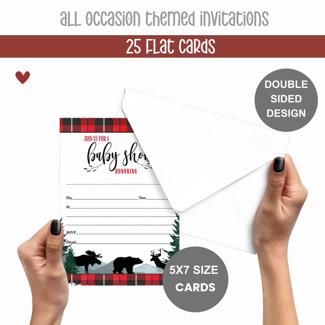 Lumberjack Baby Shower Invitations with Envelopes, 25 Pack, Red and Black, 5x7 Blank Cards for Boys - Paper Clever Party