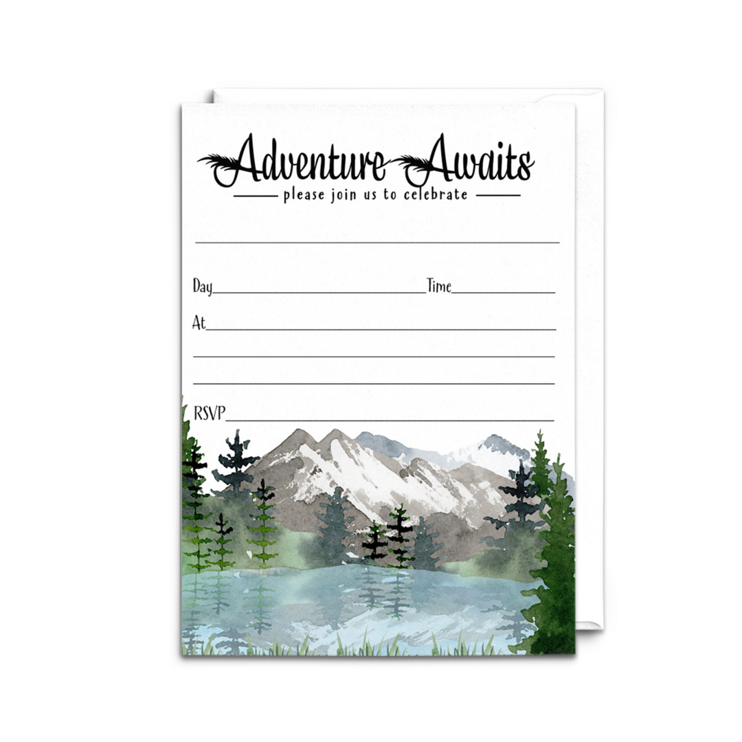 Adventure Awaits Party Invitations with Envelopes, 25 Pack, Rustic Mountain, 5x7 Blank Cards for All Occasions - Paper Clever Party